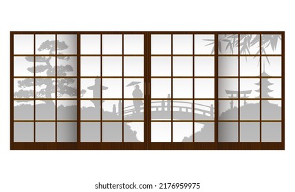 Japanese garden silhouette through the shoji ( japanese traditional doorwindow ) vector illustration