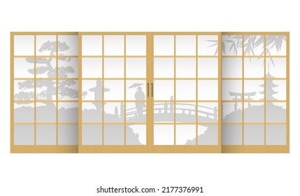 Japanese garden silhouette through the shoji ( japanese traditional doorwindow ) vector illustration