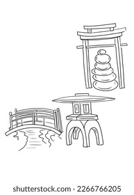 
Japanese garden stones mots sculpture stone lantern elements of architecture and culture and art philosophy of the east, relaxation zen peace. Hand drawn graphic illustration isolated on white