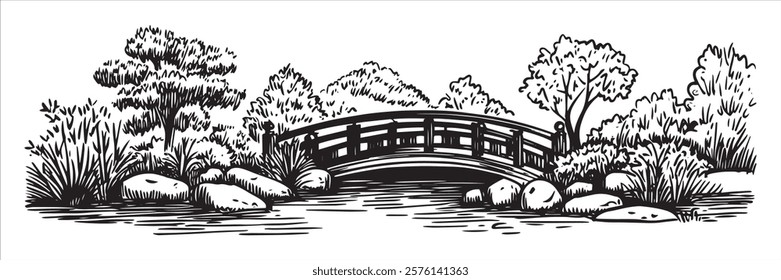 japanese garden with wooden bridge and trees in black and white hand-drawn style