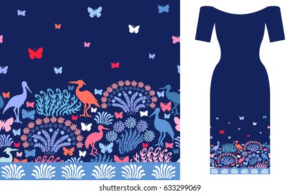 Japanese gardern. Party dress design. Seamless vector pattern with birds and flowers. Summer textile collection