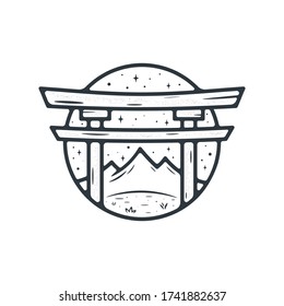 japanese gate illustration vintage. badges and logo patches. Mountain tourism, hiking. Forest camp labels in vintage style, Camping outdoor adventure emblems