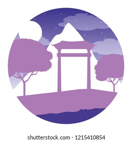japanese gate mountain trees night moon