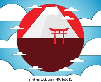 Japanese gate on a background of mountains. Vector illustration of paper.