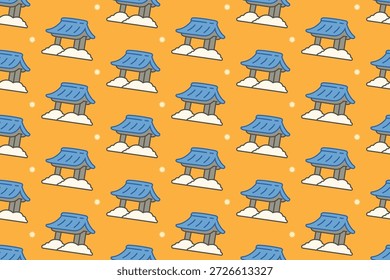 Portão japonês com padrão de estrela sem costura no fundo laranja. Padrão de portão de santuário repetitivo com telhados azuis. Padrão amarelo sem emenda com ilustrações arquitetônicas tradicionais do portão