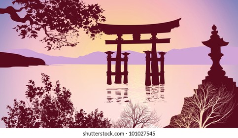 Japanese gates mountains and trees