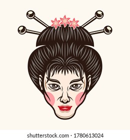 Japanese geisha face vector colorful illustration isolated on light background