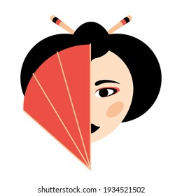 Japanese geisha with a fan. Idea for books, postcards, wallpapers. Vector image.