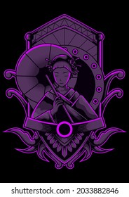 Japanese Geisha Girl Illustration with Ornamental Frame