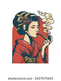 Japanese geisha girl wearing traditional kimono smoking pipe cigar, retro vintage color, white background, logo, emblem, t shirt, artwork hand drawn illustration