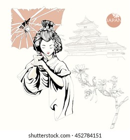 Japanese geisha, girl, woman. Color freehand drawing vector, contour. China, Japan, Asia, cherry, hair, hair style, umbrella, Japanese Palace, the Japanese pagoda, the Imperial Palace. Japanese motif.