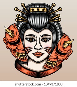 Japanese geisha with hannya mask. Premium vector