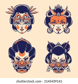 japanese geisha head vector set 