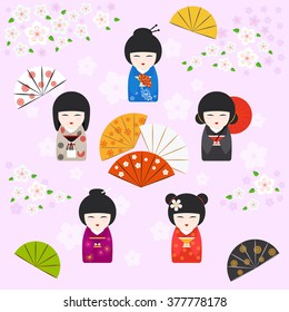 Japanese geisha kokeshi dolls background with Cherry blossoms, fans and umbrella on pink background. Vector illustration