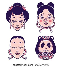 Japanese geisha mask vector set 