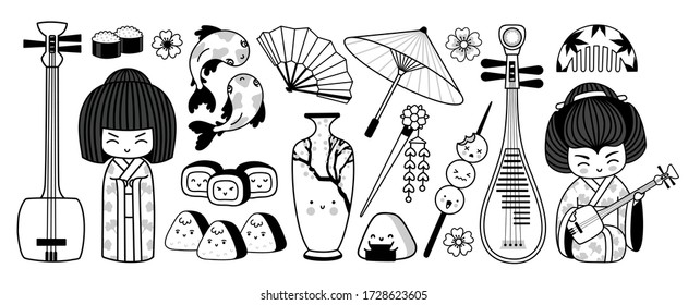 Japanese geisha with musical instruments, fan, umbrella, sushi, onigiri, koi carp and other traditional symbols of Japan. Graphic doodle outline illustrations for coloring book. 