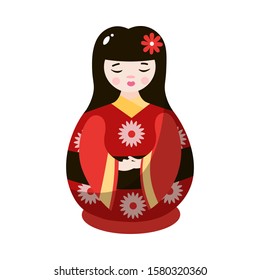 Japanese geisha nesting doll in colorful national costume. Vector illustration in flat cartoon style