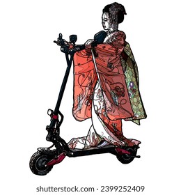 Japanische Geisha, die einen elektrischen Roller fahren.