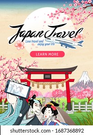 Japanese geisha and samurai taking selfie together in front of traditional shrine gate in Ukiyo-e style, for tourism promo use