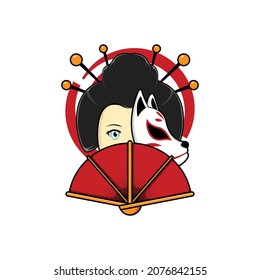 Japanese geisha with sensu fan illustration