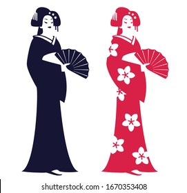 Japanese geisha with a traditional fan and sakura flowers, a set of 2 silhouettes, 1 colour vector illustration.