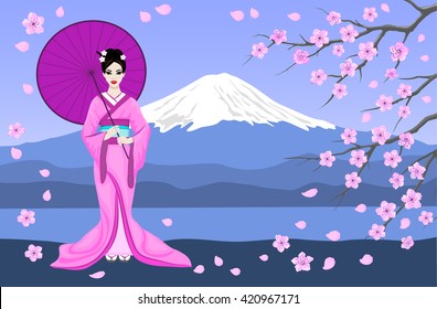 Japanese Geisha in Traditional Kimono Vector Illustration. Mountain Fuji, Sakura Tree Branches and Flowers Scene 