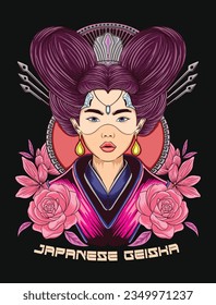 Japanese Geisha T-shirt Designs Bundle, Japan Culture Kimono Costume, Geisha Mecha Vector Graphic Illustration Set, Clothing Apparel Design