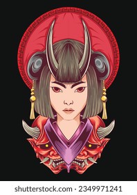 Japanisches Geisha T-Shirt Designs Paket, Japan Culture Kimono Costume, Geisha Mecha Vektorgrafik Illustration Set, Bekleidungsdesign