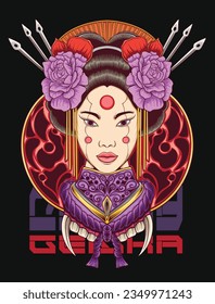 Japanisches Geisha T-Shirt Designs Paket, Japan Culture Kimono Costume, Geisha Mecha Vektorgrafik Illustration Set, Bekleidungsdesign