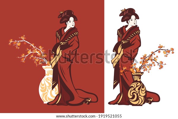 Japanese Geisha Wearing Traditional Kimono Clothes Stock Vector