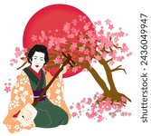 A Japanese geisha woman dressed in a kimono, playing the shamisen, with cherry blossoms and a red sun as the background