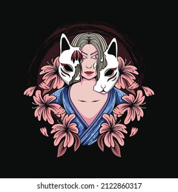 Japanese geisha woman illustration with kitsune mask and flowers for t-shirt design and print