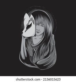 Japanese geisha woman illustration with kitsune mask black and white