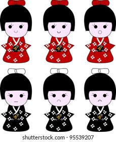 Japanese geisha wooden dolls expressions isolated