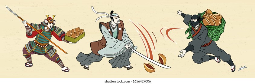 Japanese general and ninja fighting with dorayaki in ukiyo-e style