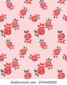 Japanese Geometric Red Rose Vector Seamless Pattern