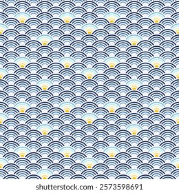 Japanese Geometry Wave Pattern Design in Blue and Yellow. Abstract Seamless Texture with Elegant Retro Style. Traditional Asian Pattern. Minimalist Decorative Motif Background. Vector illustration