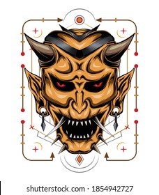 Japanese ghost illustration with celtic ornament background. design for T-shirt, clothing, apparel.