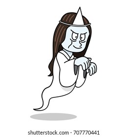 Japanese ghost, Yurei or a vengeful female spirit wearing white burial robes and head ornament. Vector Illustration