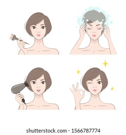 Japanese Girl Applies Hair Dye. Set Of Hair Treatment Procedure.Vector Illustration