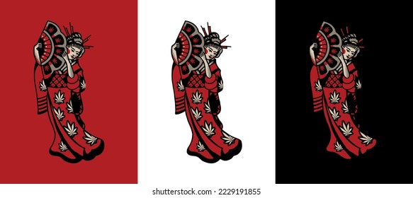 Japanese Girl With Cannabis Kimono. Red, black and white. Japan design set. Classis Oriental Culture Weed free vector