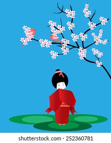 Japanese girl with cherry blossom-Vector illustration 