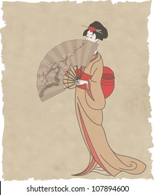 Japanese girl with a fan on old paper - vector illustration