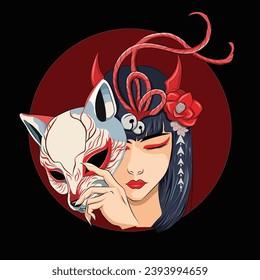 Japanese girl holding fox mask for T-shirt design 