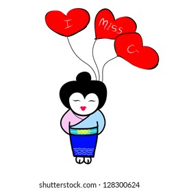 japanese girl holding heart shaped balloons