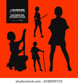 Japanese Girl Holding Katana Silhouette Action Pose Vector