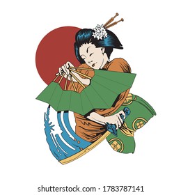 Japanese girl illustration. Vector graphics for t-shirt prints and other uses.