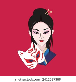 Japanese girl in mask kabuki theatre. girl in a fox mask