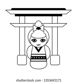 Japanese girl on arch symbol black and white
