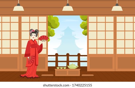 Japanese Girl in Red Kimono Dress Standing on the Background of Traditional Japanese Interior